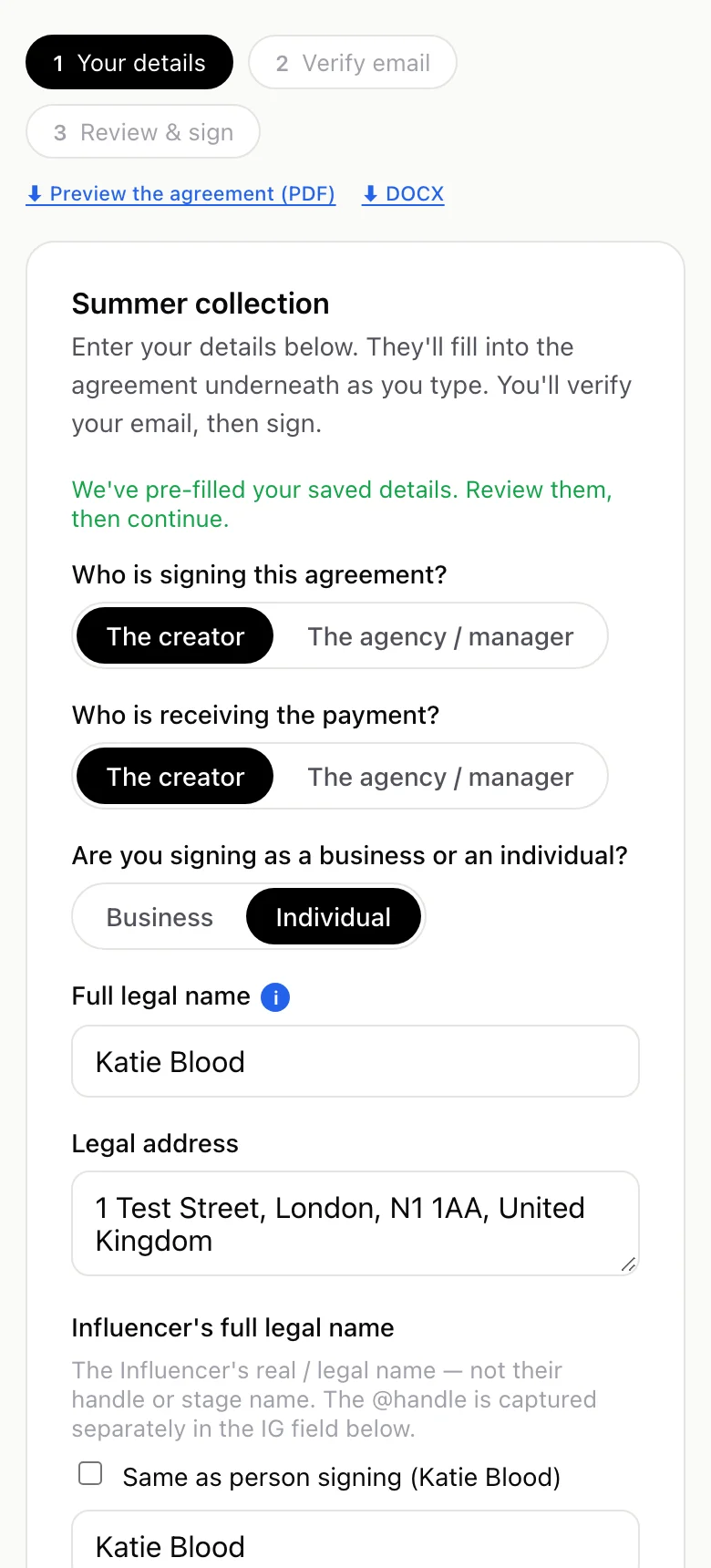 The signing page on a phone: three steps, your details, verify email, review and sign