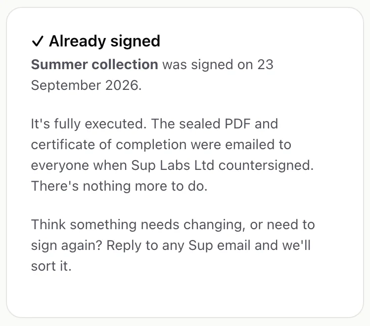 The page a creator sees after signing: the agreement is signed and fully executed, and the sealed PDF was emailed to everyone
