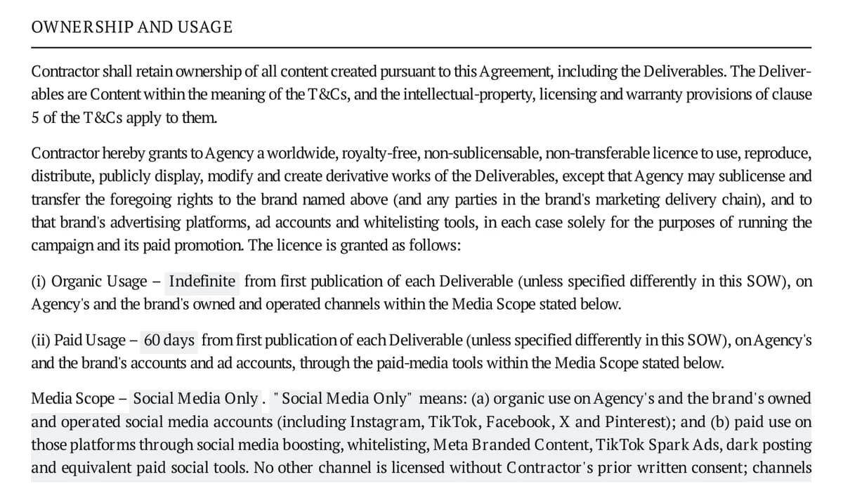 The ownership and usage clause of a draft creator agreement: organic use, paid use of 60 days and the media scope