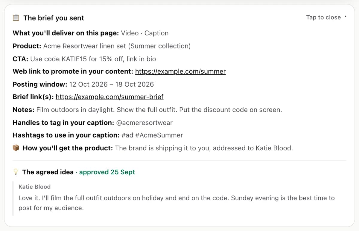 The brief a brand sent to a creator in Sup, and the idea the two agreed