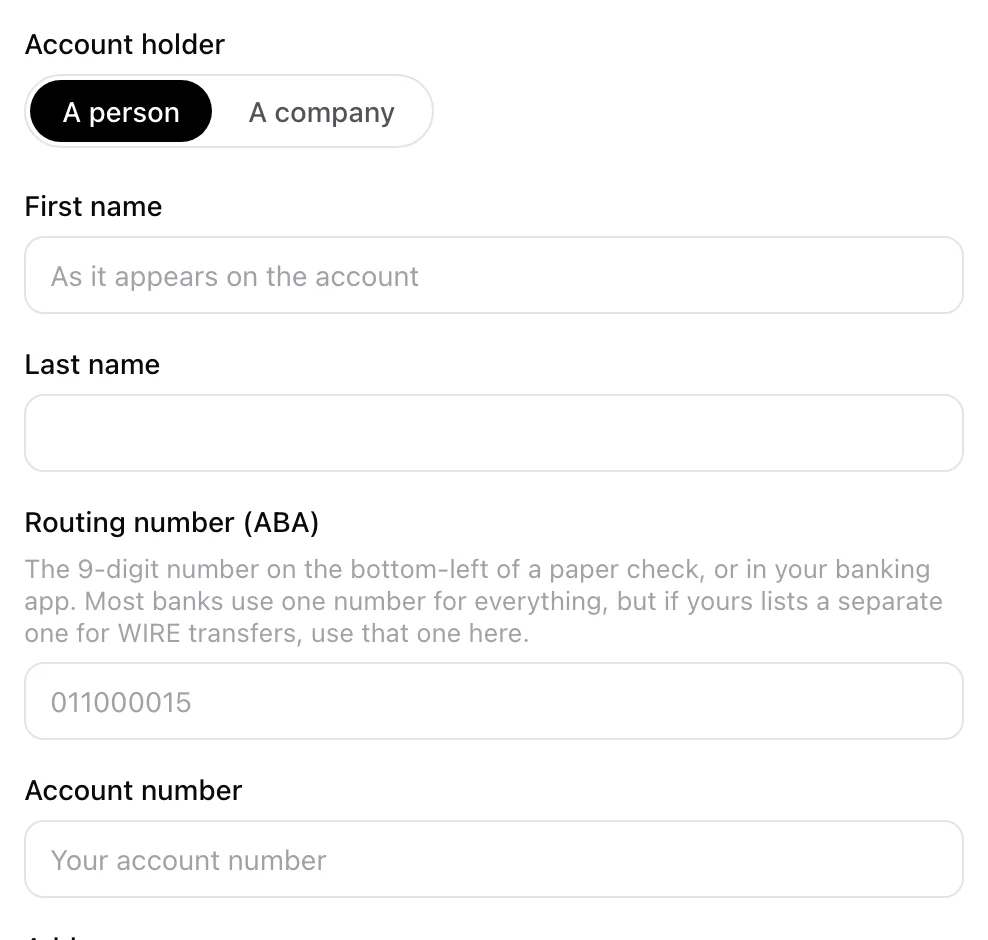 The secure page where a creator types their own bank details