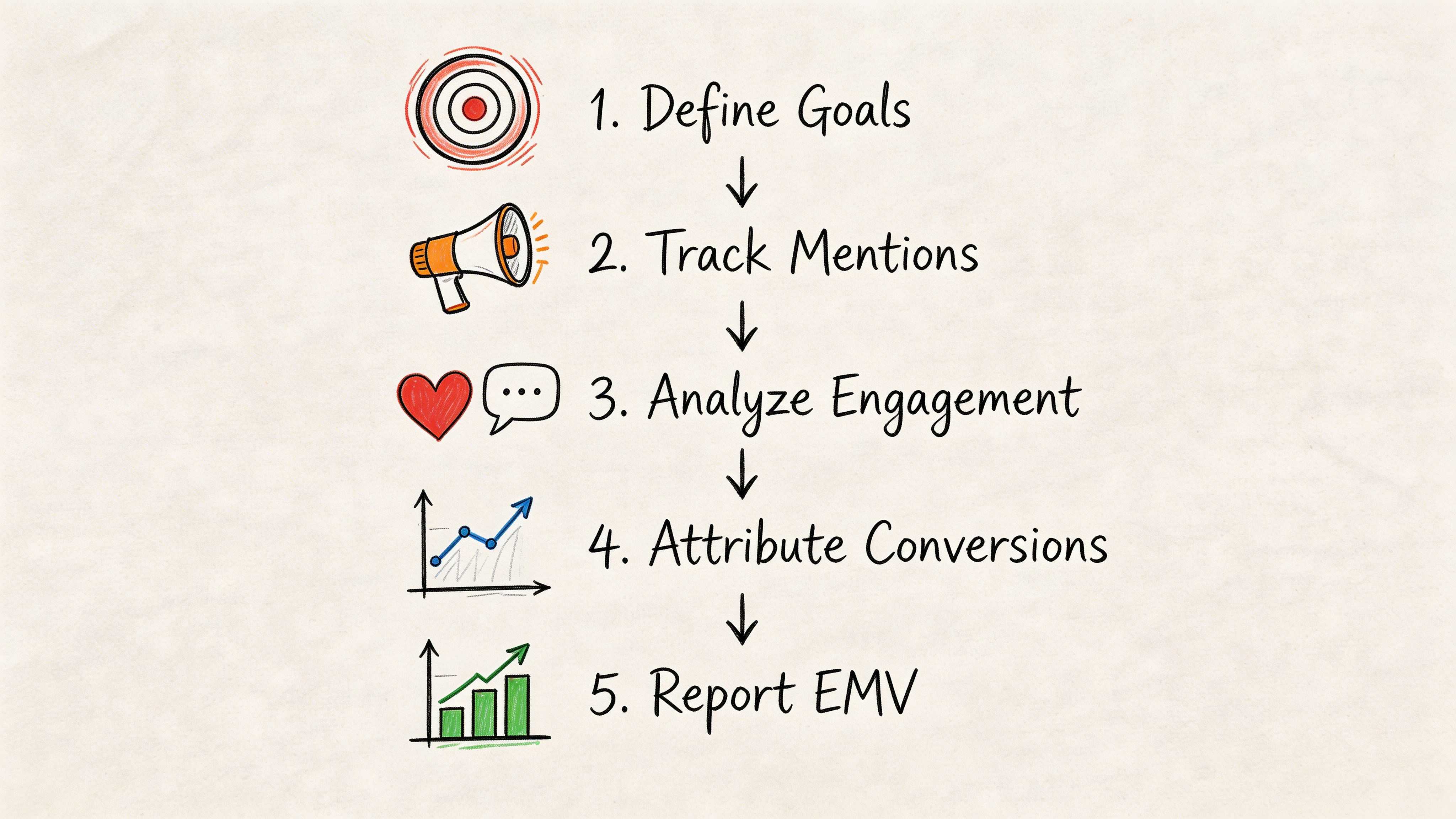 A hand-drawn list showing five steps for a marketing strategy, including goal setting and reporting earned media value.