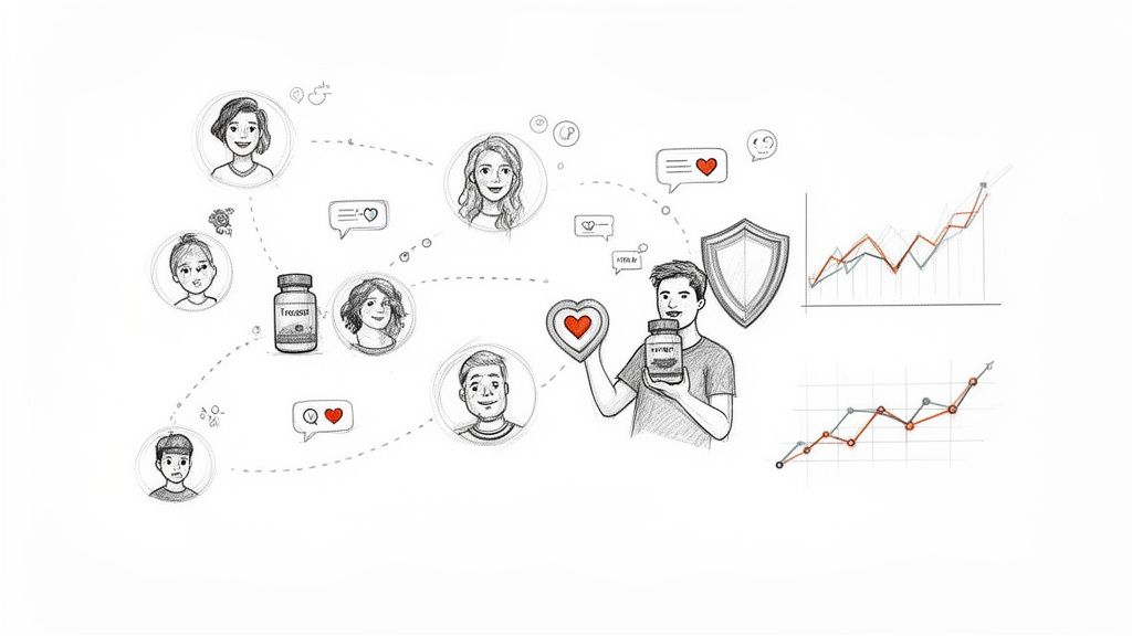 Network of people sharing positive feedback about wellness products, symbolizing growth and brand protection.