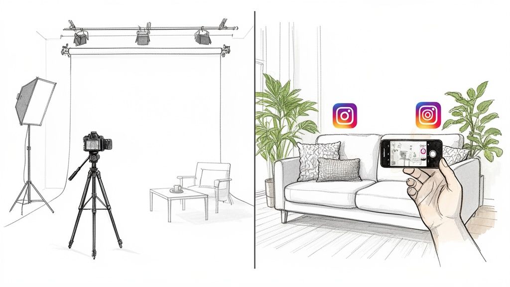 A split image contrasting a professional photography studio setup with a smartphone capturing a living room scene for Instagram.