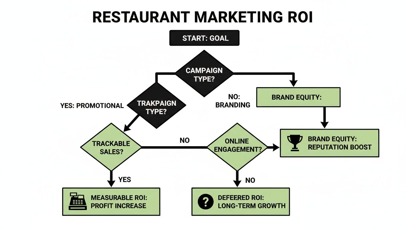 Flowchart illustrating restaurant marketing ROI, distinguishing between promotional and branding campaigns, leading to measurable or deferred returns.
