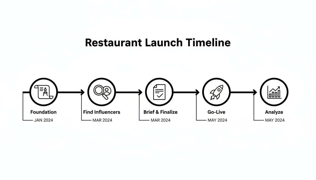 A clear timeline illustrating key stages and dates for a restaurant launch and influencer marketing.