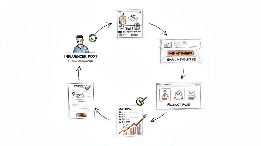 A diagram showing the influencer marketing cycle from content creation to sales and contracts.