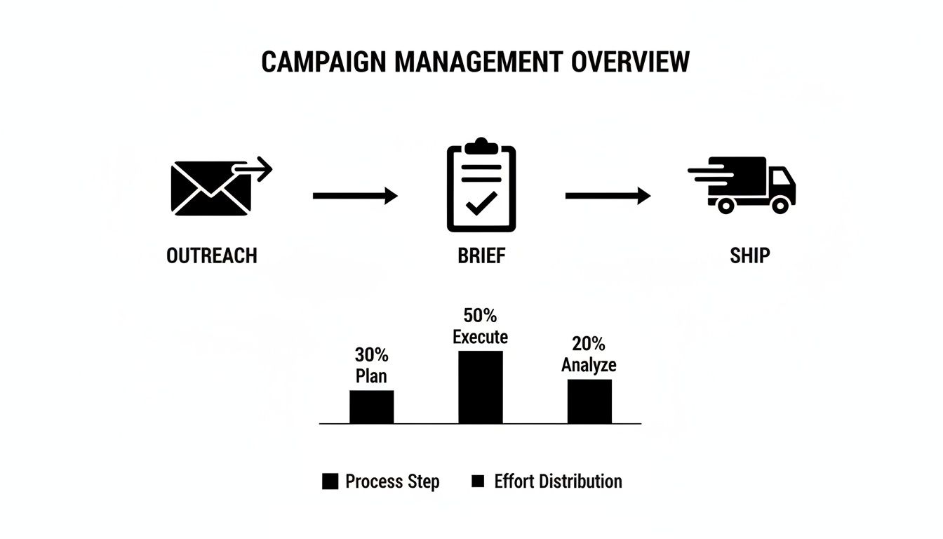A campaign management overview diagram showing process steps: outreach, brief, ship, and effort distribution.