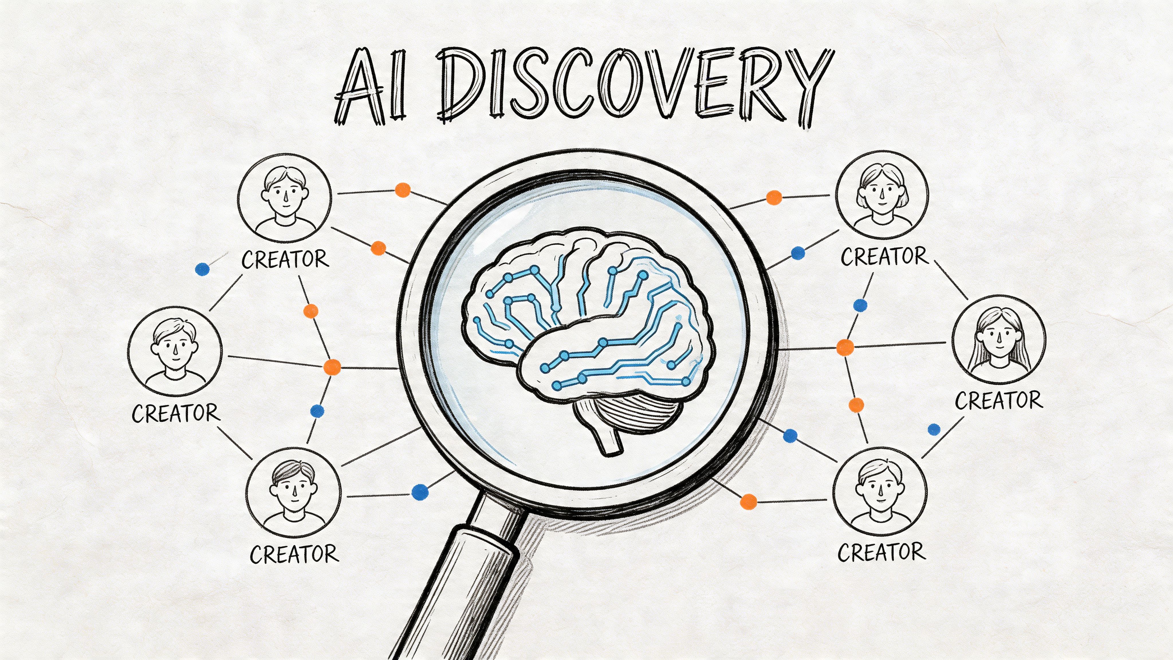 A hand-drawn illustration showing a magnifying glass over a brain icon connecting to several human creator avatars.