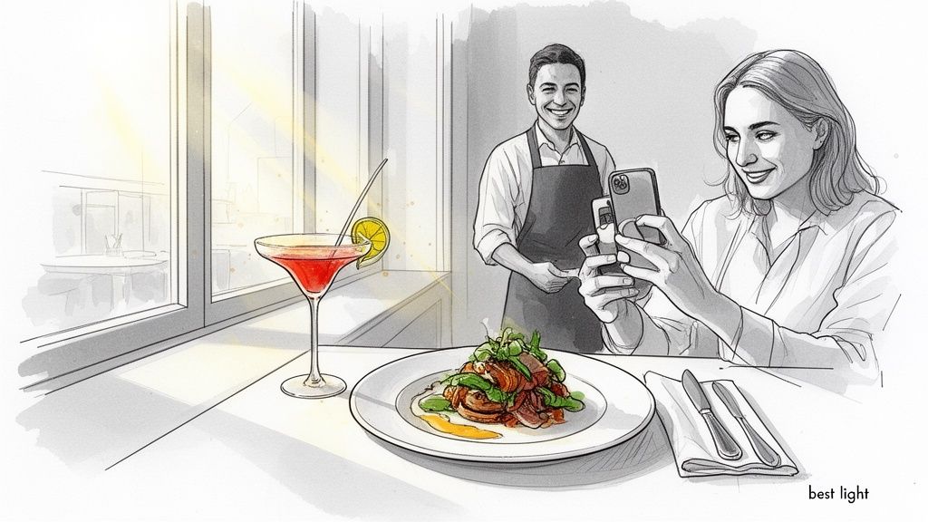 A woman photographs her meal and cocktail at a restaurant while a smiling waiter watches.