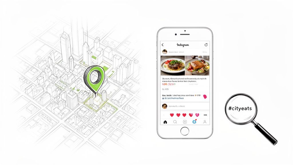 A map pin over a city sketch, an Instagram feed with food, and a magnifying glass with #cityeats.