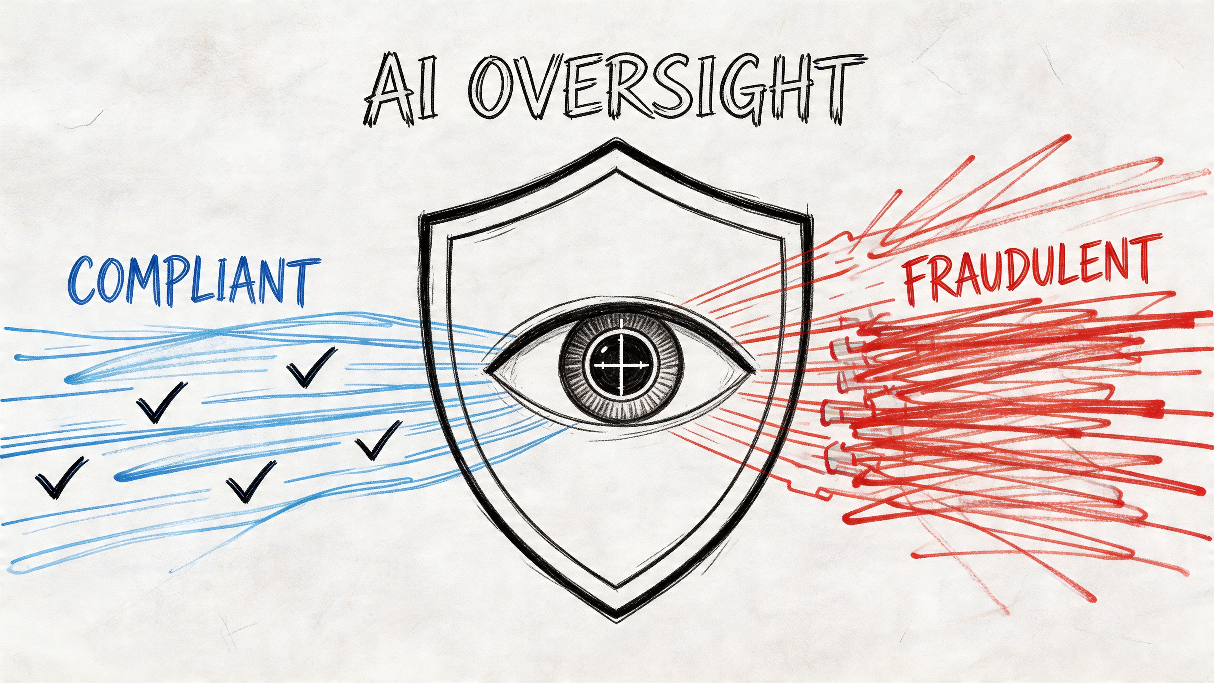 A conceptual illustration showing an eye inside a shield filtering compliant and fraudulent AI data streams.