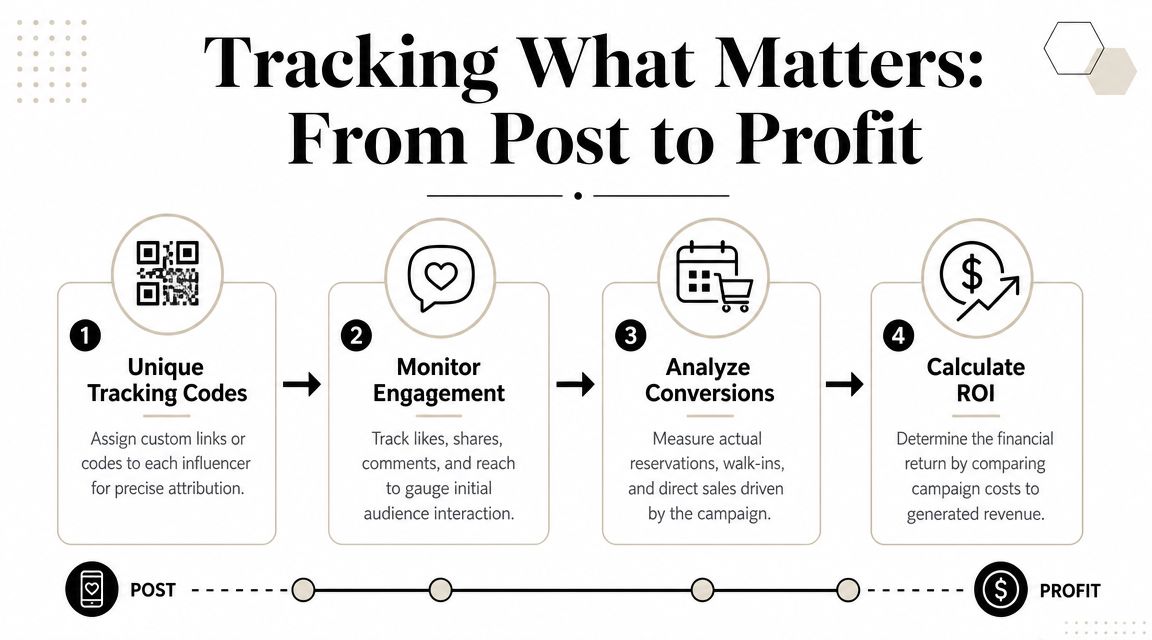 A diagram outlining a four-step marketing strategy process from tracking social media posts to calculating profits.