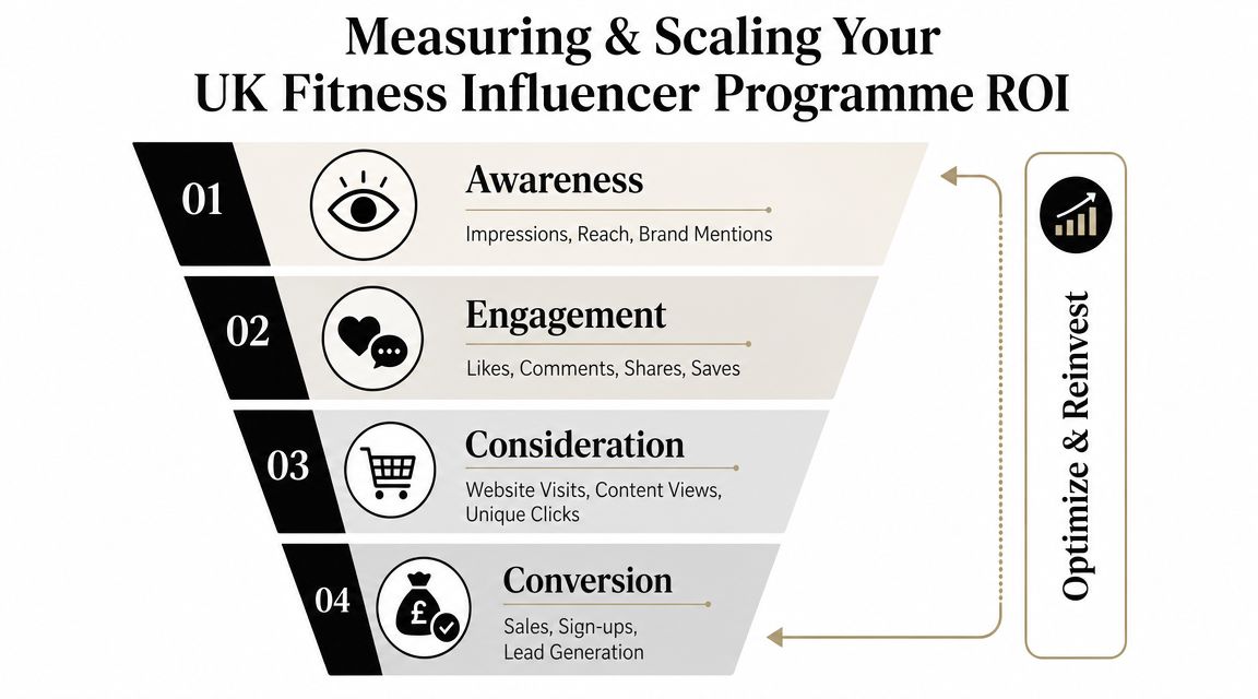 A marketing funnel infographic illustrating the four stages of a UK fitness influencer programme ROI measurement.
