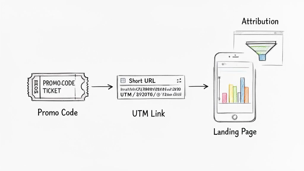 Diagram showing a promo code ticket, UTM link, leading to a landing page on a smartphone, and an attribution funnel.