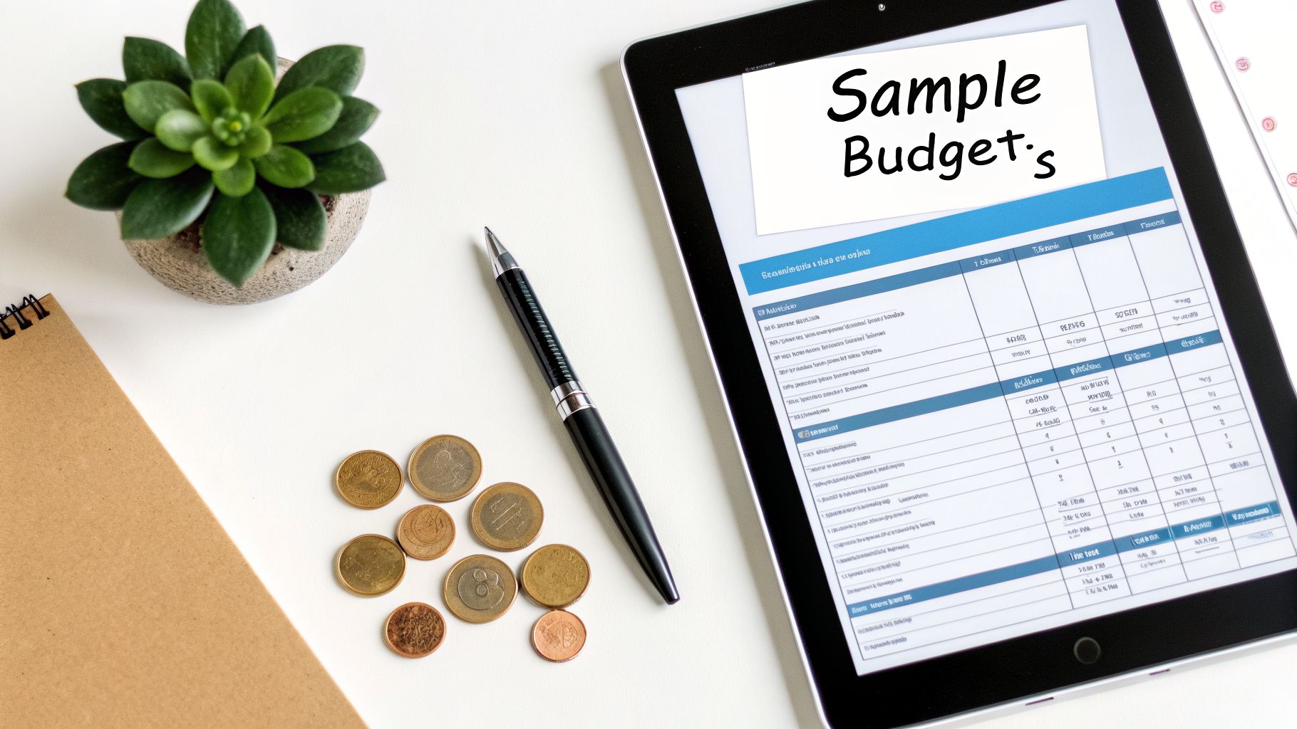 Overhead view of a tablet displaying a 'Sample Budget' sheet, with coins, a pen, notebook, and succulent.