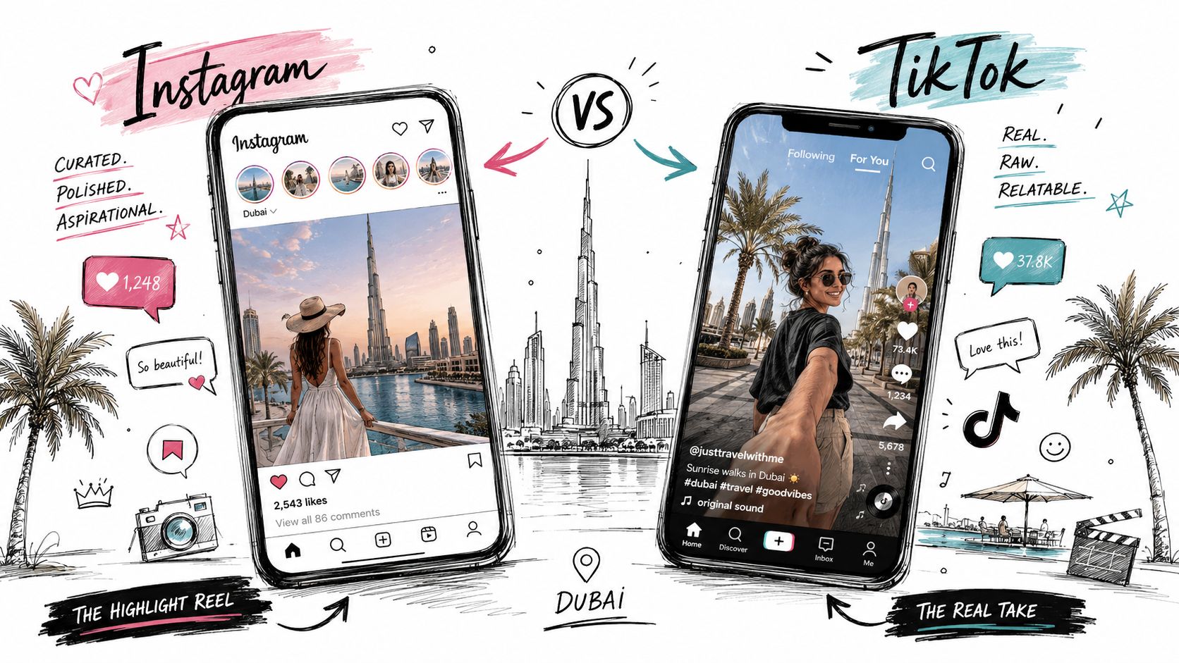 An illustration comparing Instagram and TikTok social media apps with imagery of Dubai and the Burj Khalifa.