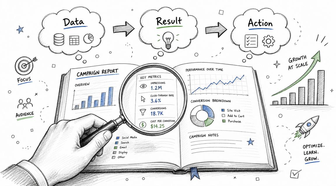 A hand holds a magnifying glass over a campaign report displaying performance metrics and data visualizations.