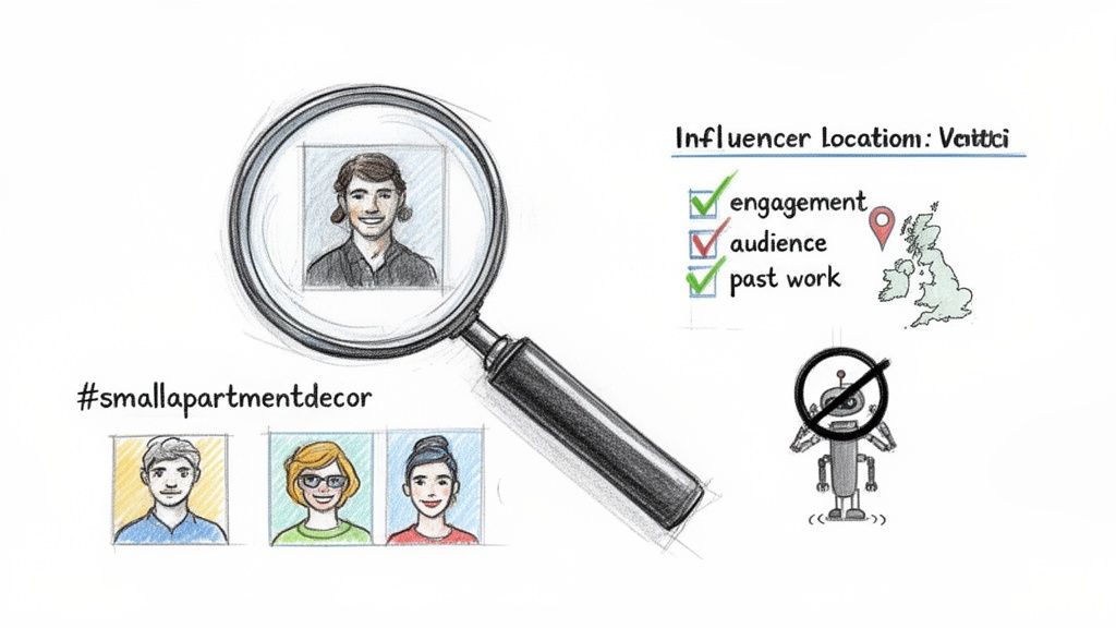 Magnifying glass inspecting an influencer's profile for home decor, showing selection criteria and bot exclusion.