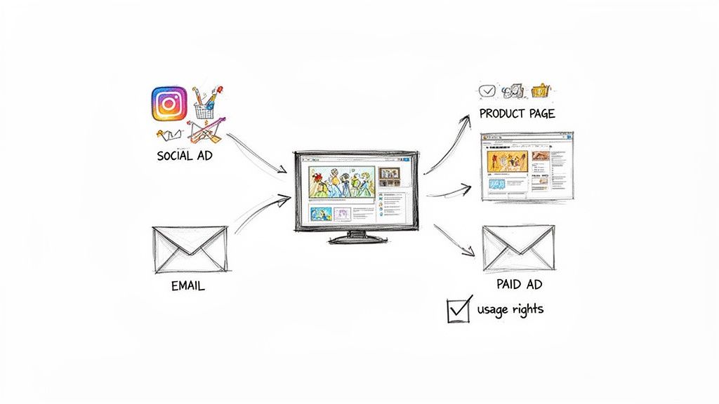 Marketing diagram showing social ads and emails directing users to a website, then product pages and paid ads.
