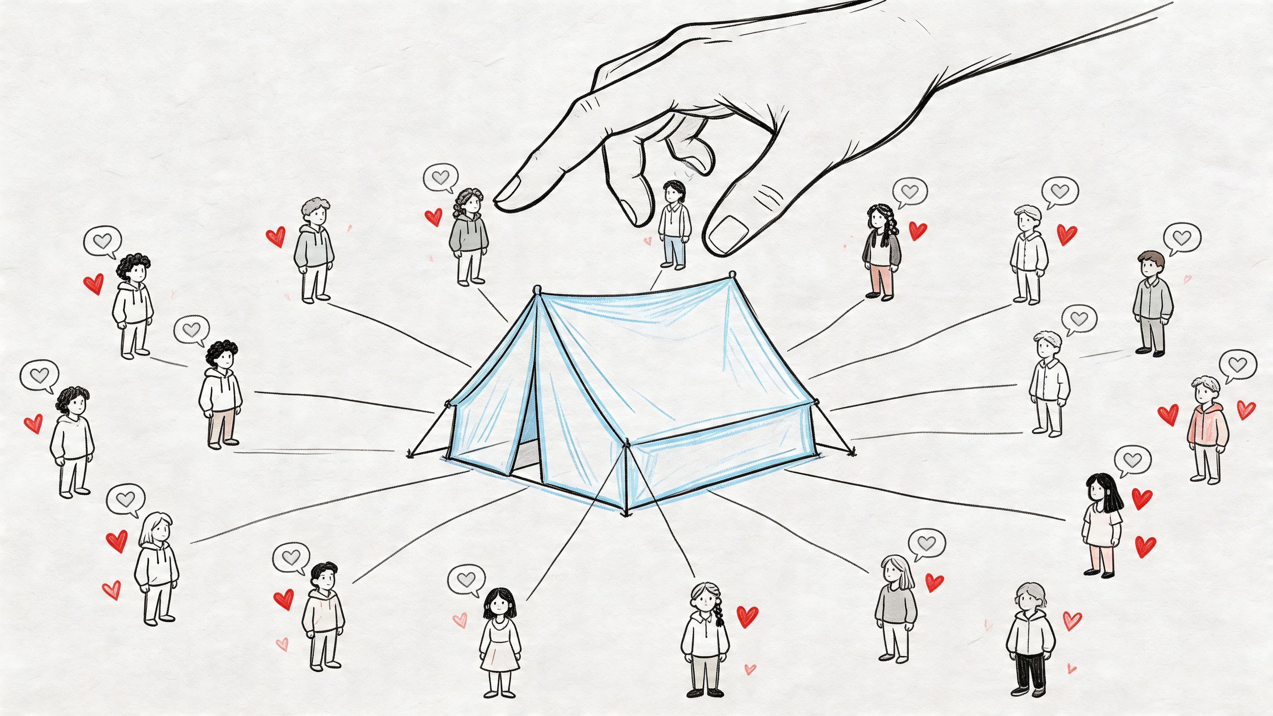 A hand placing a person into a tent, surrounded by people connected by lines with hearts.