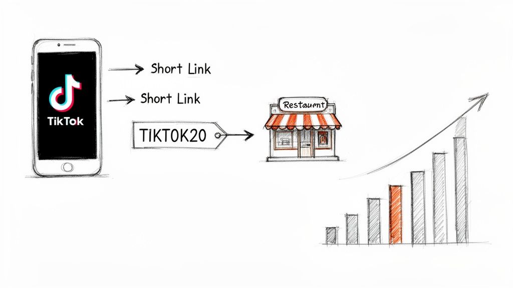 TikTok marketing using short links and discount codes drives restaurant growth shown by a bar chart.