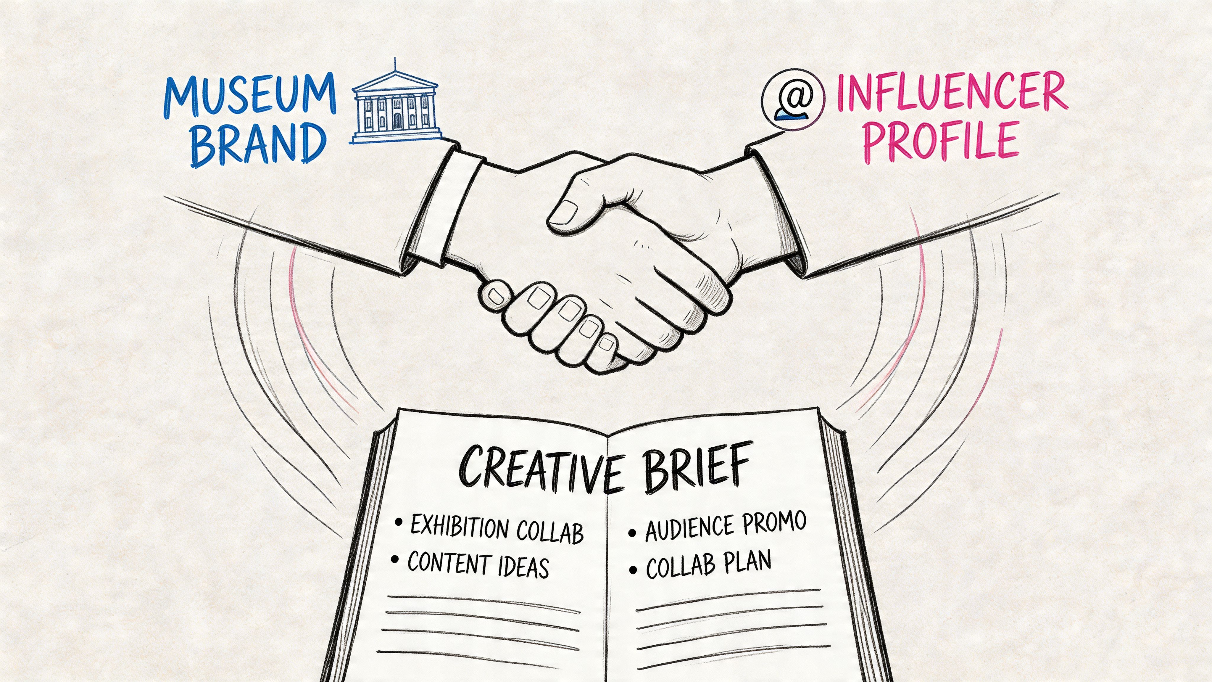 A hand-drawn illustration showing a handshake between a museum brand and an influencer over a creative brief.
