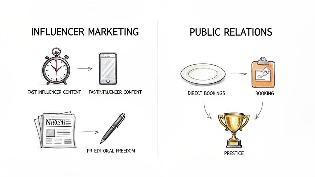 Infographic comparing influencer marketing and public relations strategies for businesses.