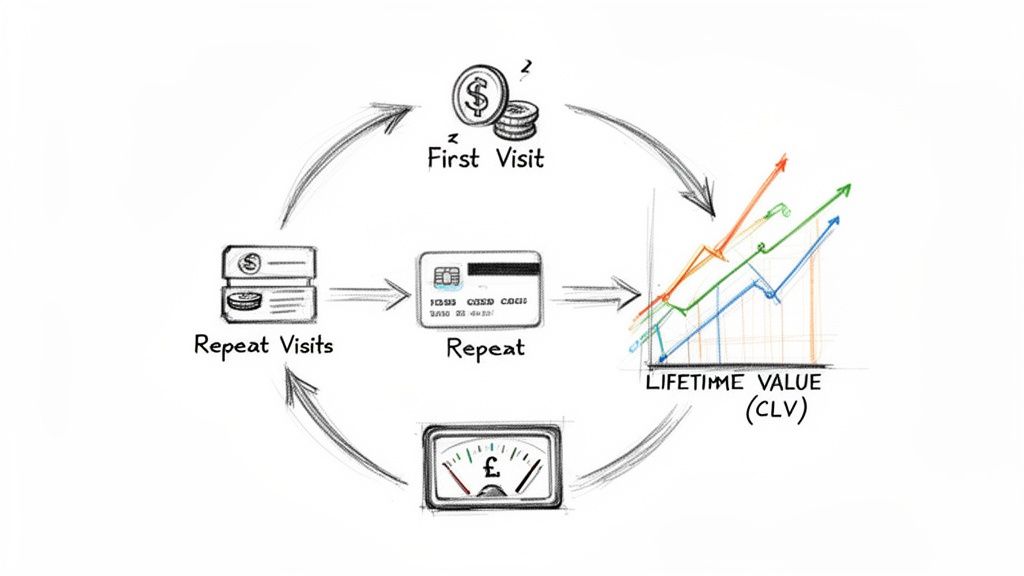 A hand-drawn diagram illustrating the customer lifecycle from first visit to repeat purchases, building lifetime value (CLV).