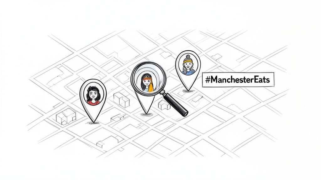 Illustration of a map with location pins showing people, a magnifying glass, and #ManchesterEats hashtag.