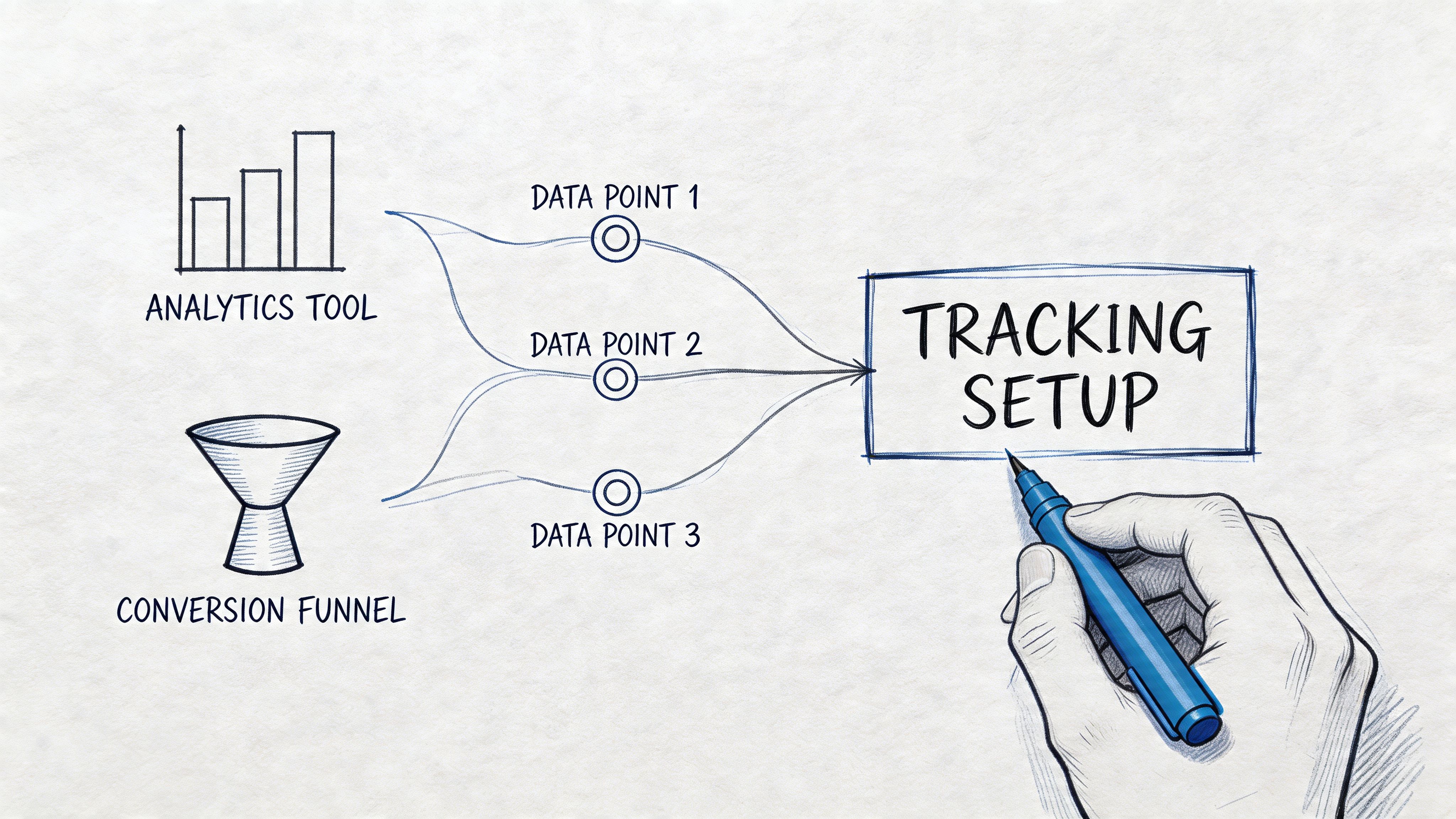 A hand drawing a tracking setup diagram connecting data points from an analytics tool and conversion funnel.