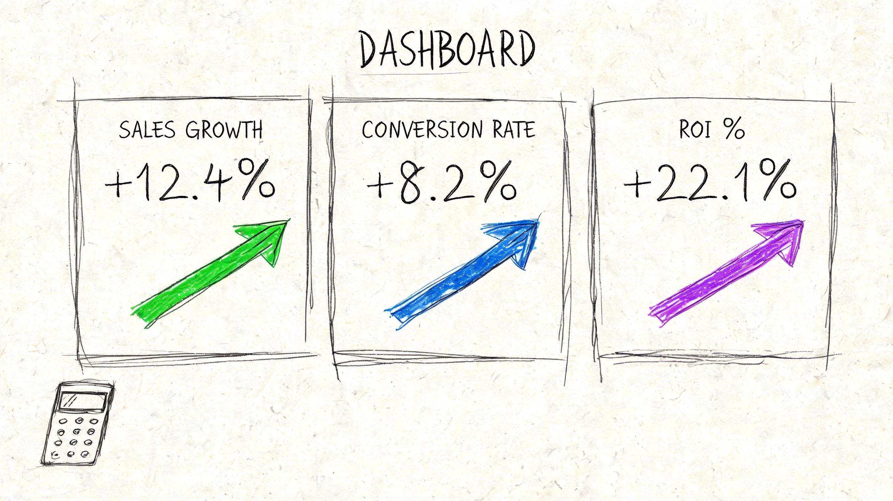 A hand-drawn business dashboard displaying positive percentage growth for sales, conversion rate, and ROI metrics.