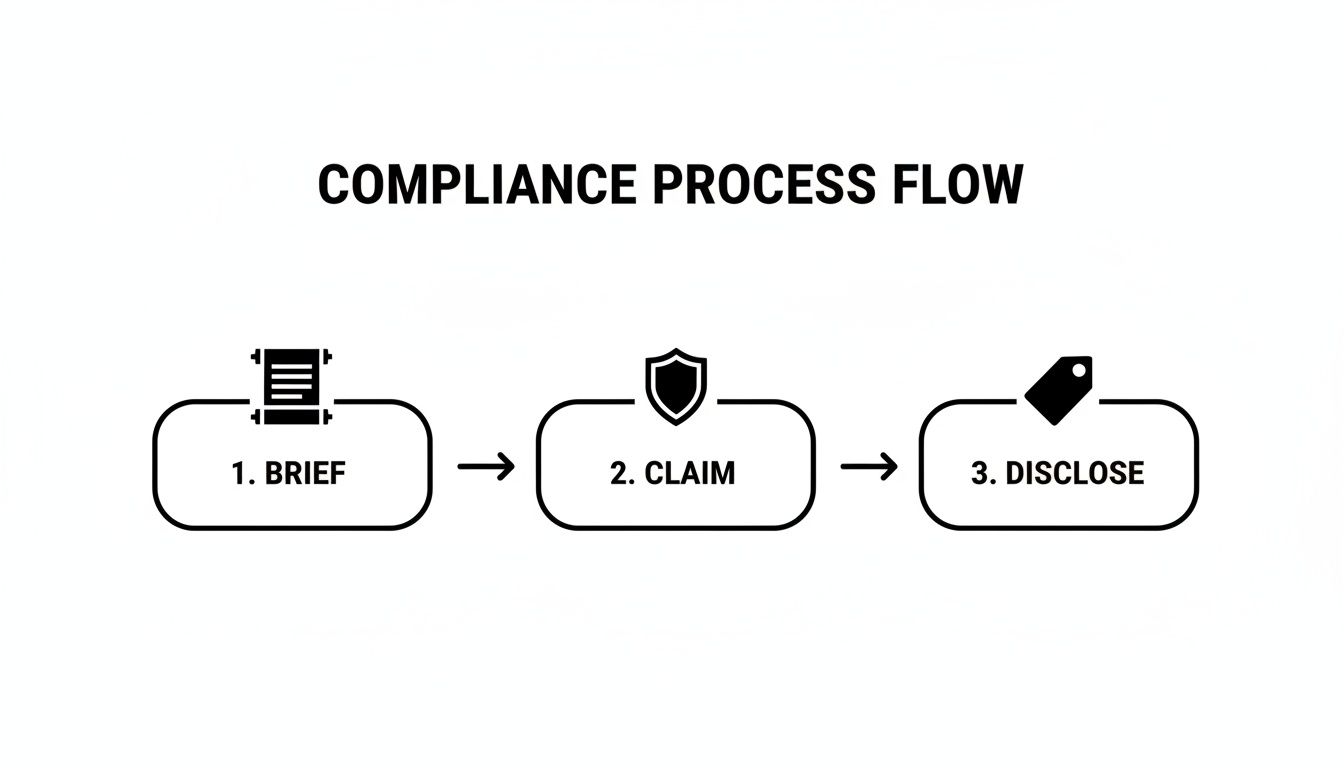 A three-step compliance process flow diagram showing brief, claim, and disclose stages.