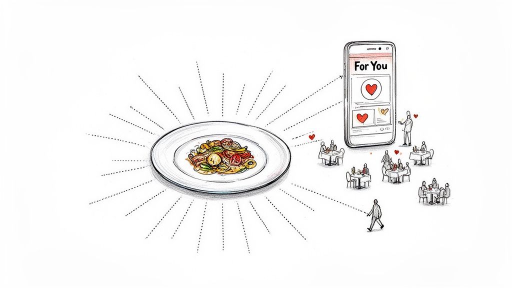 A plate of food radiating dotted lines towards a smartphone showing