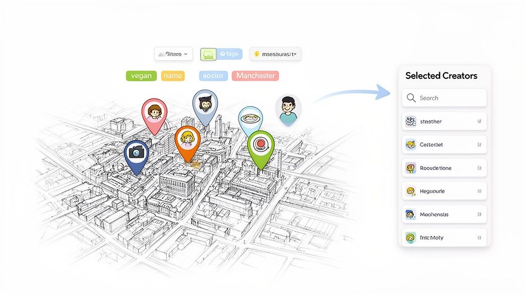 An overhead view of a city map with various pins, filter tags, and a list of selected creators, illustrating influencer marketing.