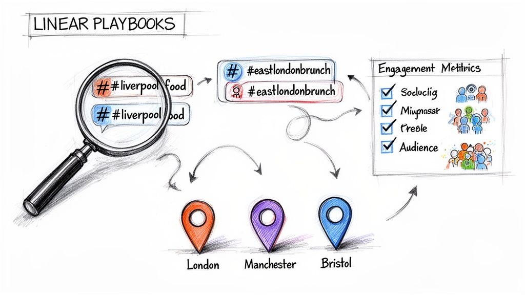 Diagram showing linear playbooks for influencer marketing, from hashtags to audience engagement across cities like London and Manchester.