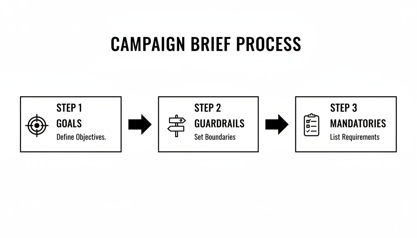 A three-step flowchart detailing the campaign brief process: Goals, Guardrails, and Mandatories.